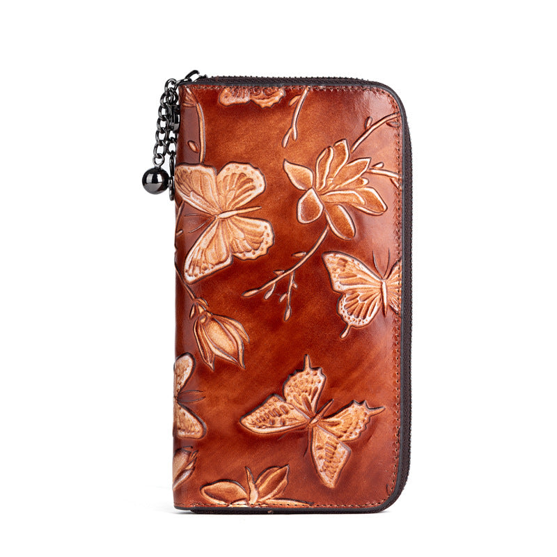2025 new top layer cowhide handbag women's Chinese style embossed rubbed color long wallet fashion retro clutch bag