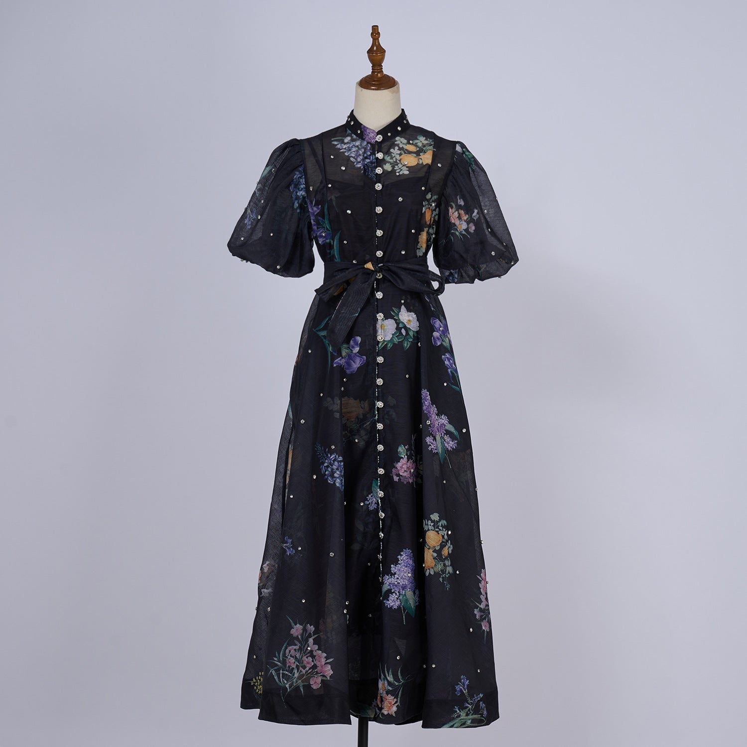 European and American cross-border summer palace style high-end design heavy-duty rhinestone short-sleeved single-breasted dress with suspenders