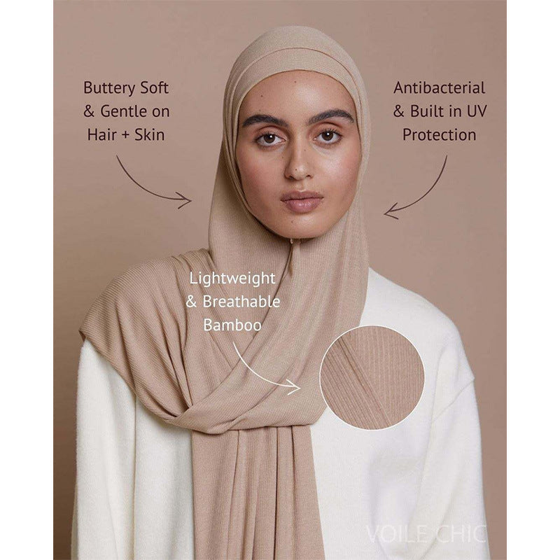 New bamboo fiber jersey elastic breathable ribbed knitted scarf women's solid color soft striped headscarf pit stripes