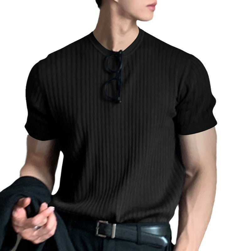 2025 new summer men's trendy thin short-sleeved European and American casual sweater elastic loose round neck T-shirt