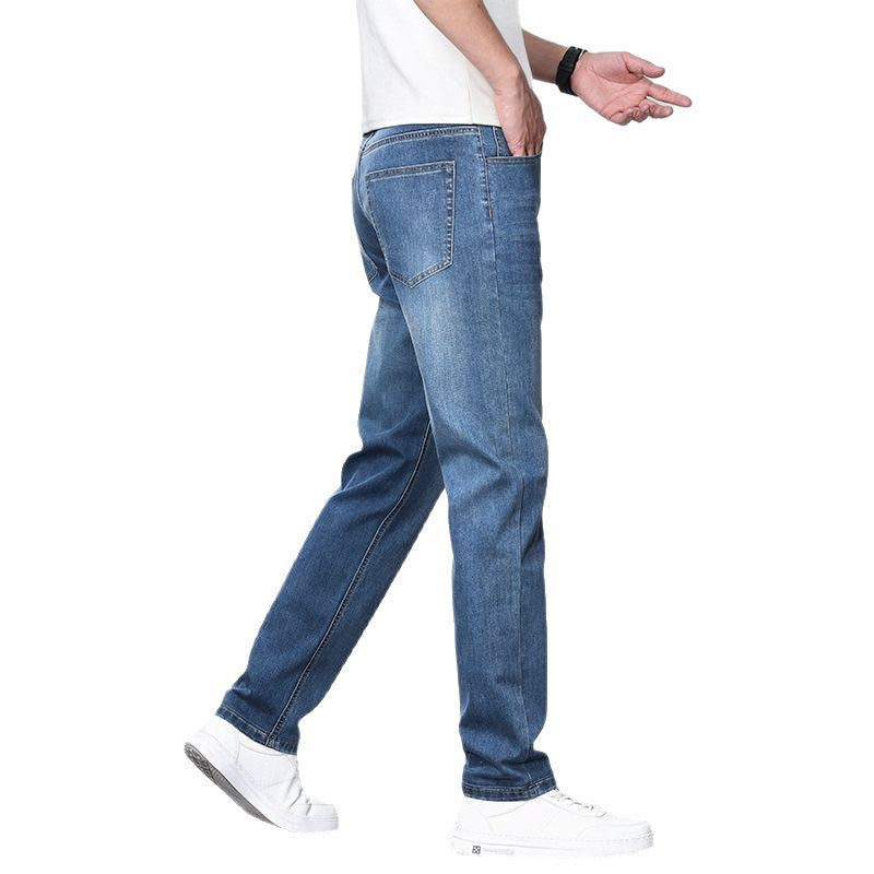 2025 new high-end stretch summer thin jeans men's loose straight ice silk casual large size long pants