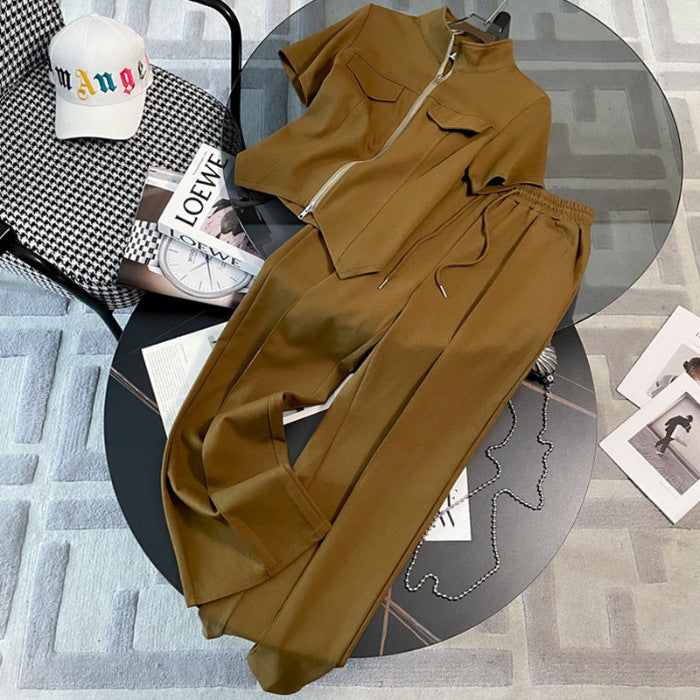 Xiao Xiang style summer fashion fat mm women's clothing covering flesh zipper thin short-sleeved wide-leg pants casual sports suit