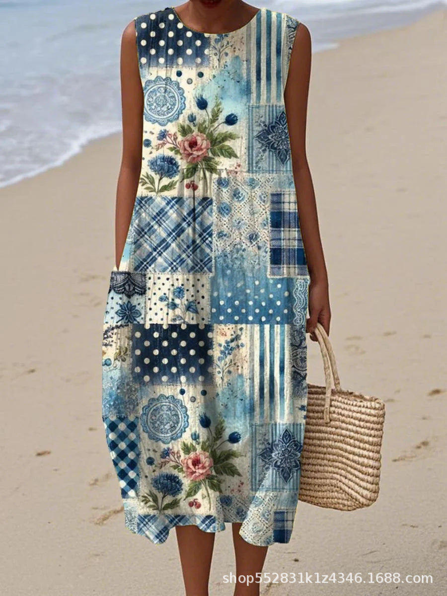 2025 European and American spring and summer new sleeveless casual printed temperament long dress slim small fresh casual dress