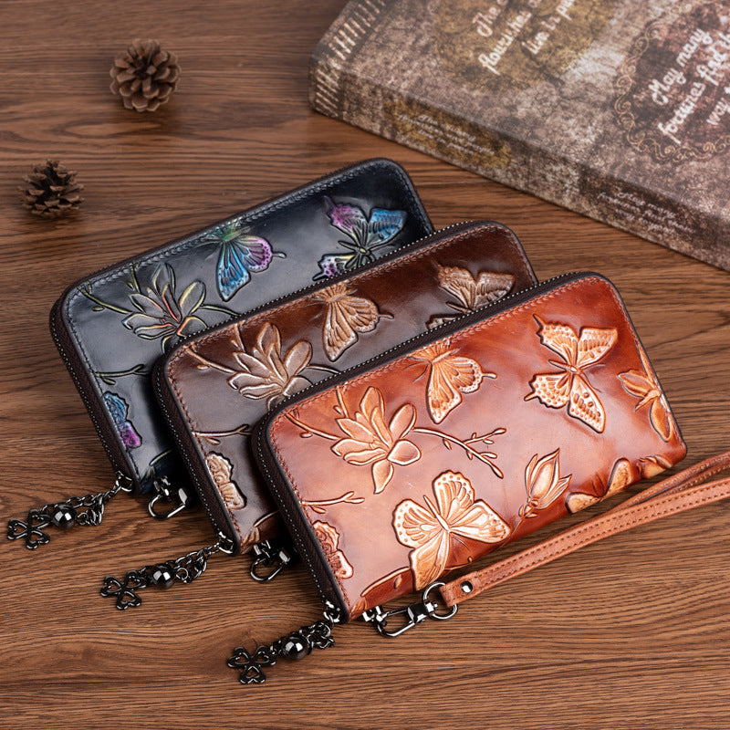 2025 new top layer cowhide handbag women's Chinese style embossed rubbed color long wallet fashion retro clutch bag