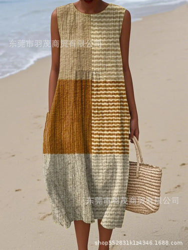 2025 European and American spring and summer new sleeveless casual printed temperament long skirt dress slim small fresh casual skirt