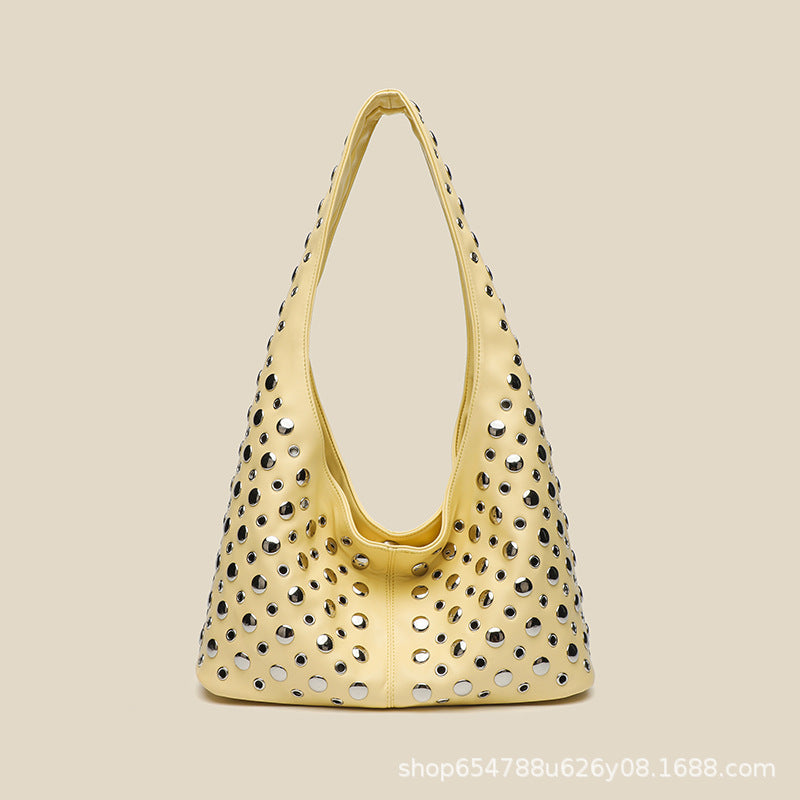 European and American fashion women's bags 2025 new casual personality trendy cool polka dot rivet underarm bucket shoulder tote bag
