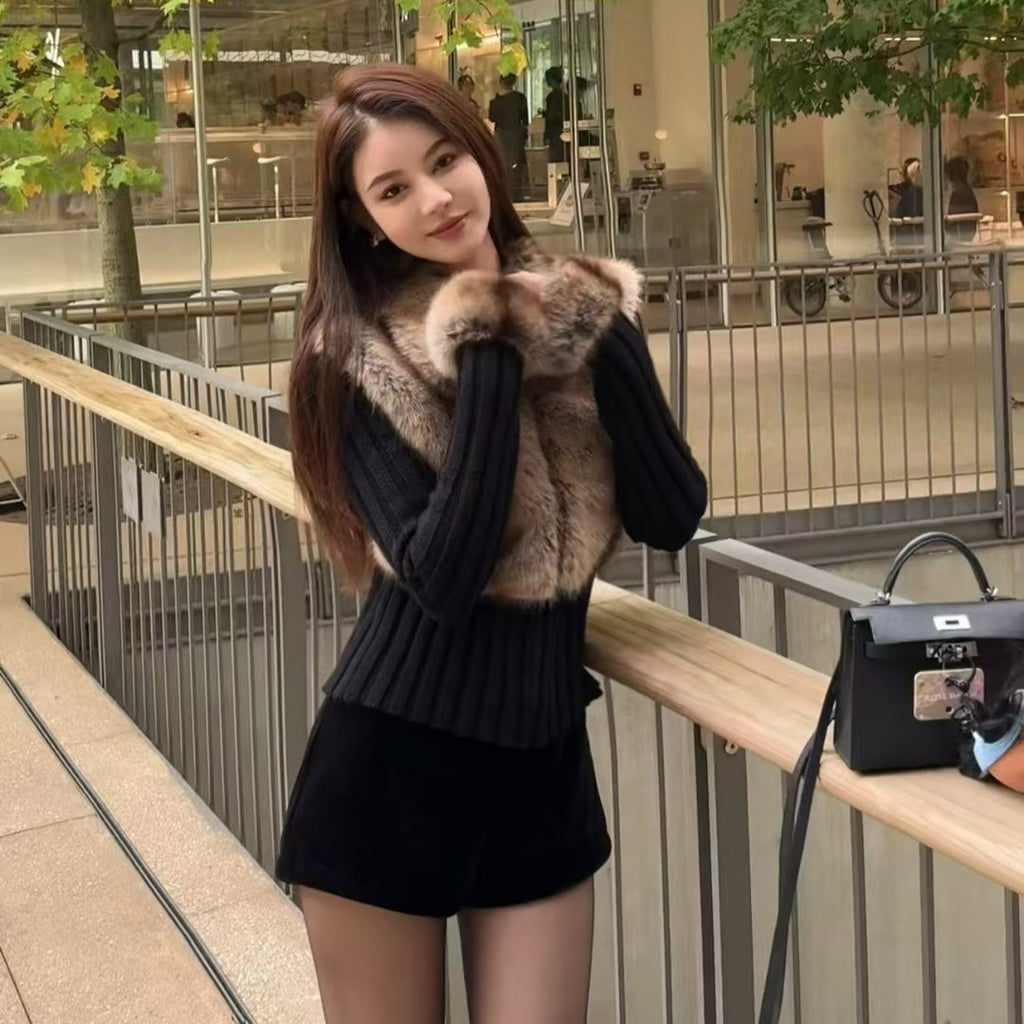 iamgi@Environmentally friendly fur patchwork coat female fake two-piece hot girl lapel zipper warm knit sweater cardigan