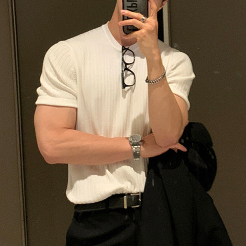 2025 new summer men's trendy thin short-sleeved European and American casual sweater elastic loose round neck T-shirt