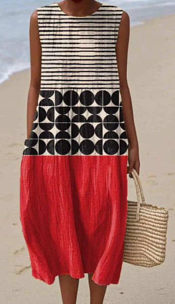 2025 European and American spring and summer new sleeveless casual printed temperament long dress slim small fresh casual dress