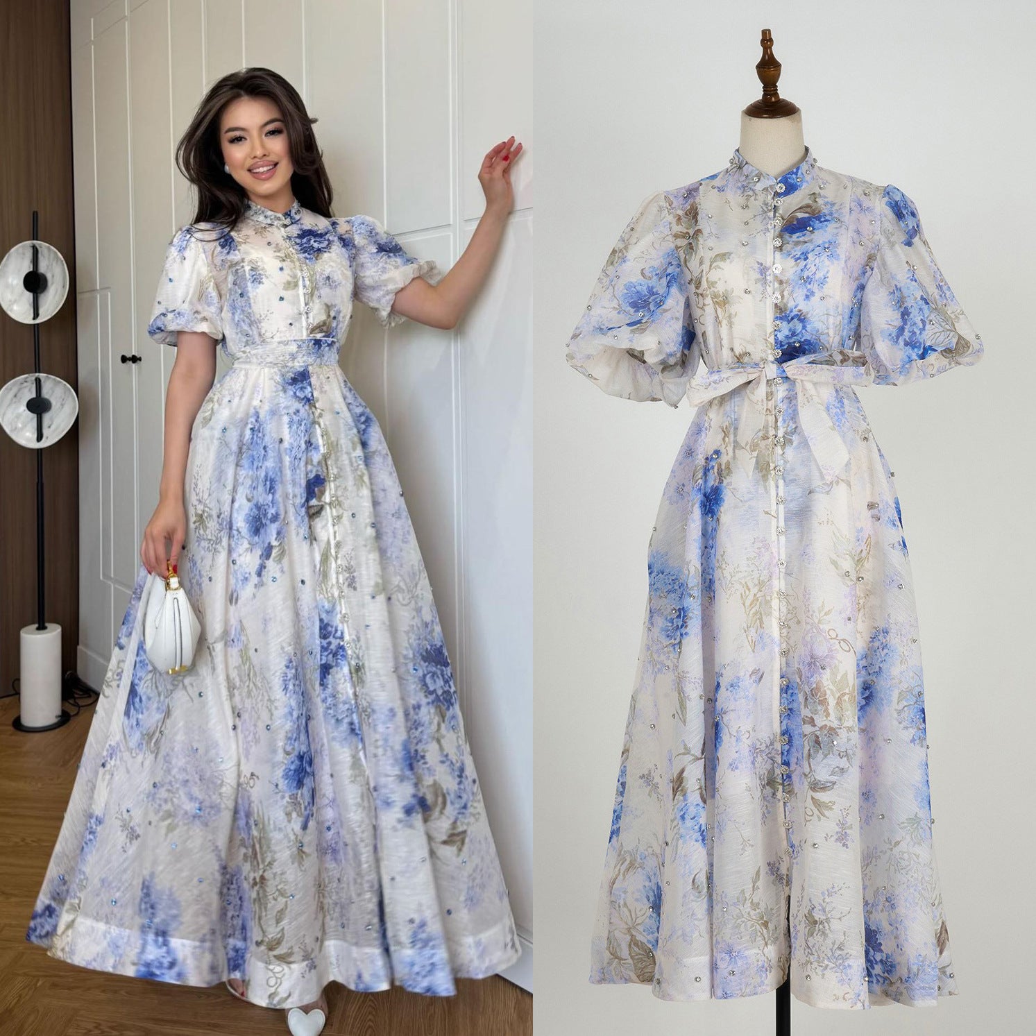 European and American cross-border summer palace style high-end design heavy-duty rhinestone short-sleeved single-breasted dress with suspenders