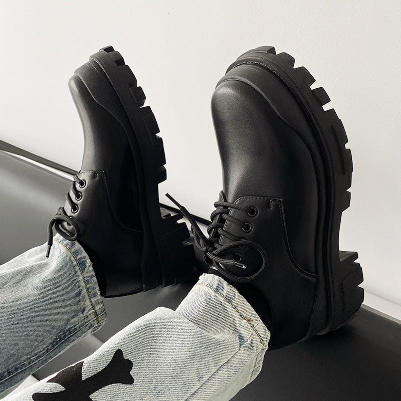Men's Casual Thick-soled All-match Black Leather Shoes Work Shoes Height-increasing Derby Shoes Couple Shoes
