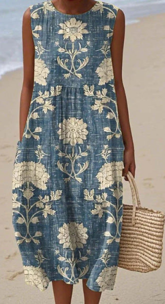 2025 European and American spring and summer new sleeveless casual printed temperament long dress slim small fresh casual dress