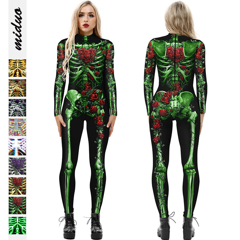 New Halloween skeleton digital printing long-sleeved bodysuit slim fit slim cosplay costume