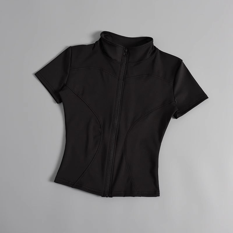 High elastic yoga short-sleeved jacket stand collar zipper tight running sports jacket quick-drying nude fitness short-sleeved women summer