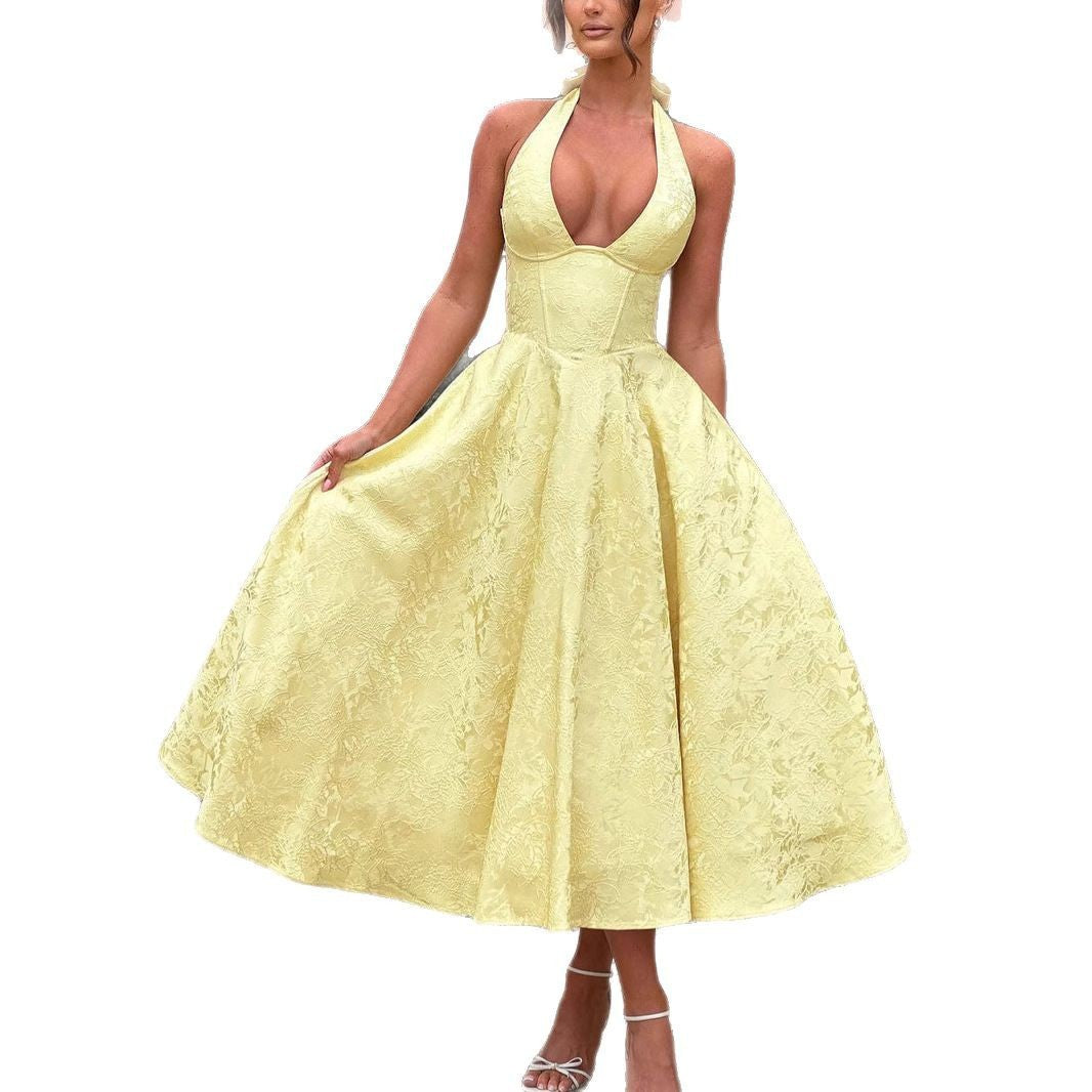 European and American cross-border V-neck halter neck jacquard dress high-end evening dress spring and summer temperament sleeveless backless waist long dress