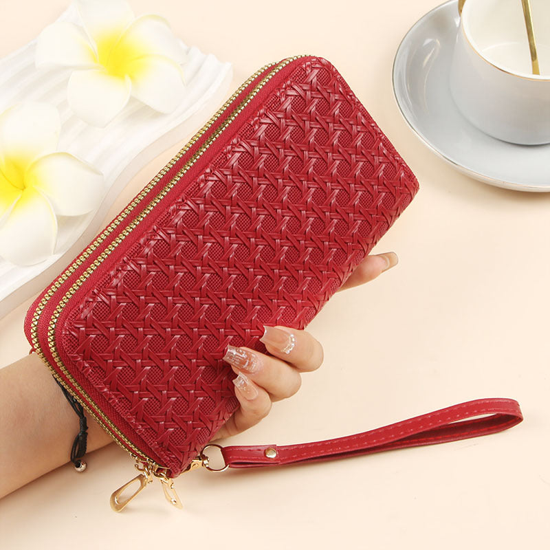 Foreign trade-specific wallet for women, long woven pattern double zipper large capacity clutch bag, multifunctional patent leather mobile phone bag for women