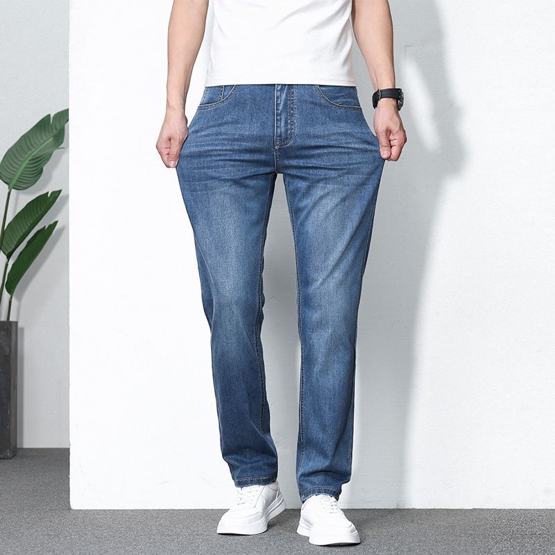 2025 new high-end stretch summer thin jeans men's loose straight ice silk casual large size long pants