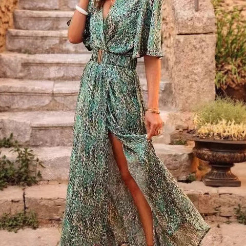 2025 spring and summer new European and American cross-border printed short-sleeved dress slim waist commuting mid-length temperament