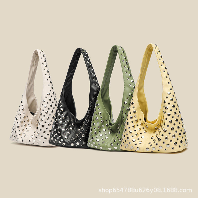 European and American fashion women's bags 2025 new casual personality trendy cool polka dot rivet underarm bucket shoulder tote bag