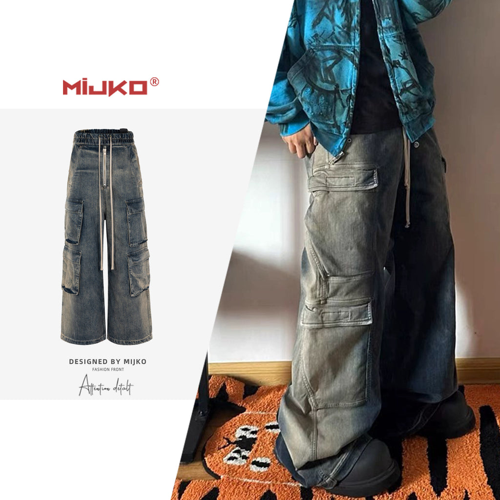 MIJKO men's and women's urban RICK unisex trousers washed wide-leg multi-pocket gradient jeans trend