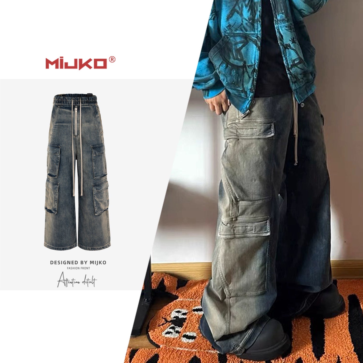 MIJKO men's and women's urban RICK unisex trousers washed wide-leg multi-pocket gradient jeans trend