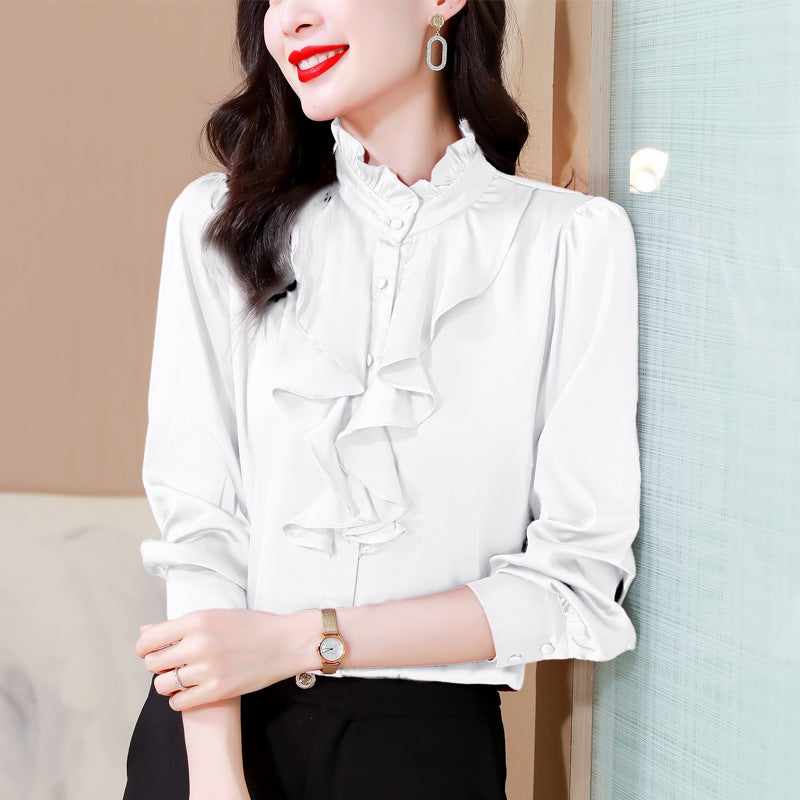 Green 1803 intellectual and generous temperament imitation silk shirt female long sleeve solid color lace collar palace style mulberry silk shirt