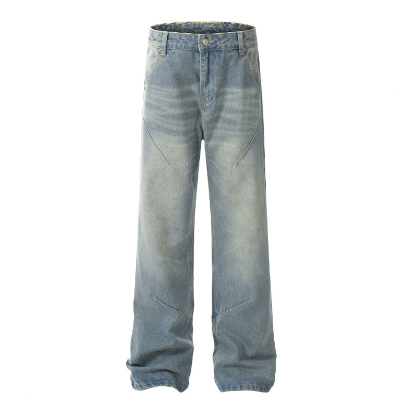 Washed distressed casual jeans straight loose fit  summer thin simple style blue trousers spot delivery