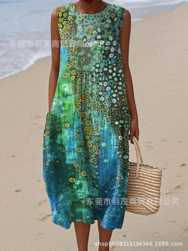 2025 European and American spring and summer new sleeveless casual printed temperament long skirt dress slim small fresh casual skirt
