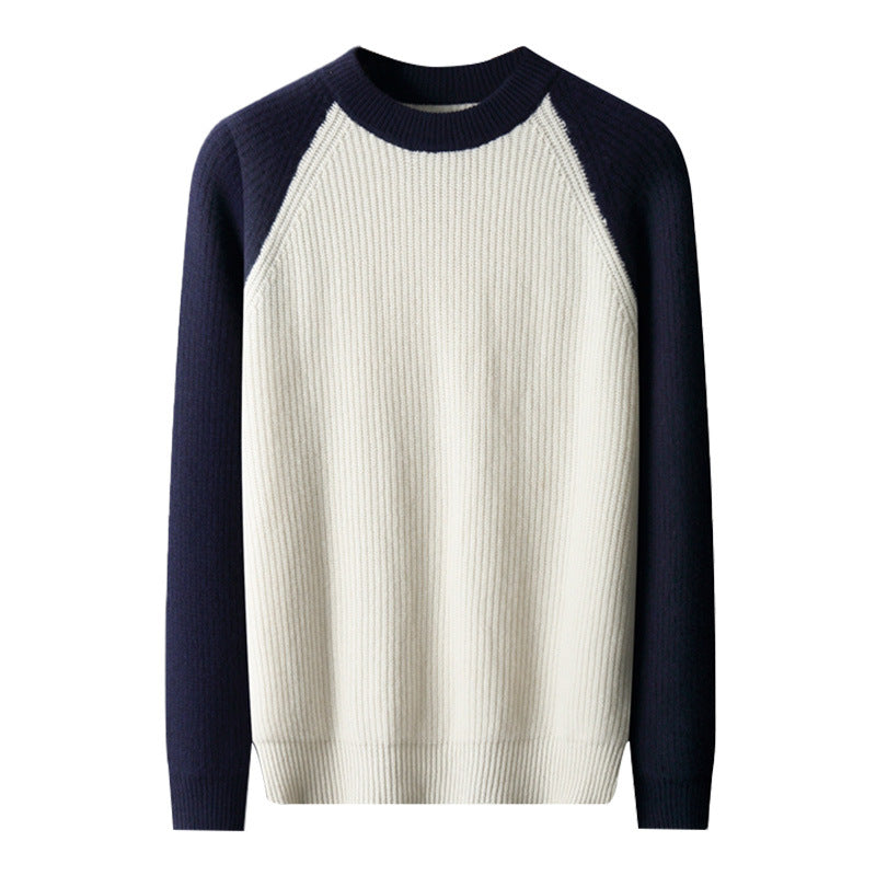 Autumn and winter new wool sweater men's color matching round neck Yuanbao needle thickened youth fashion casual knitted wool bottom