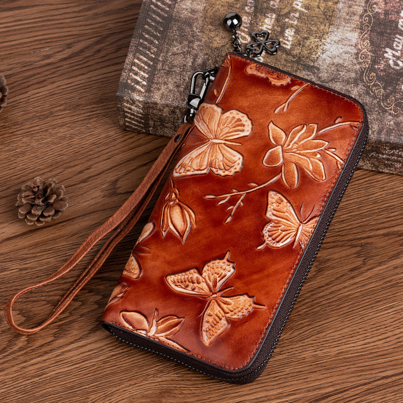 2025 new top layer cowhide handbag women's Chinese style embossed rubbed color long wallet fashion retro clutch bag