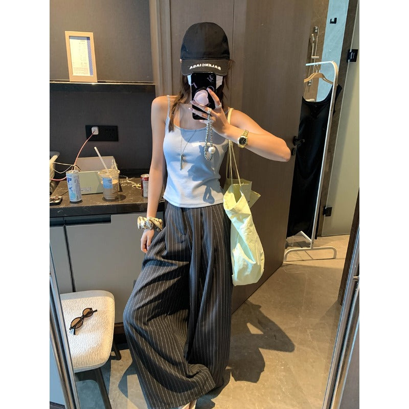 Moqie high-end commuter style Laoqian drape high waist slim casual striped suit wide leg pants MQ0488