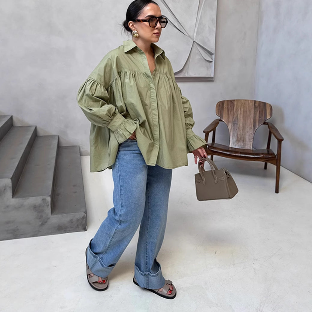 European and American style cross-border foreign trade women's clothing 2025 fashion poplin two-color drop shoulder lantern long sleeve loose single-breasted shirt