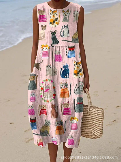2025 European and American spring and summer new sleeveless casual printed temperament long dress slim small fresh casual dress