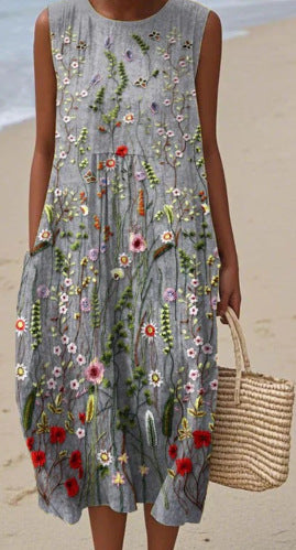 2025 European and American spring and summer new sleeveless casual printed temperament long dress slim small fresh casual dress