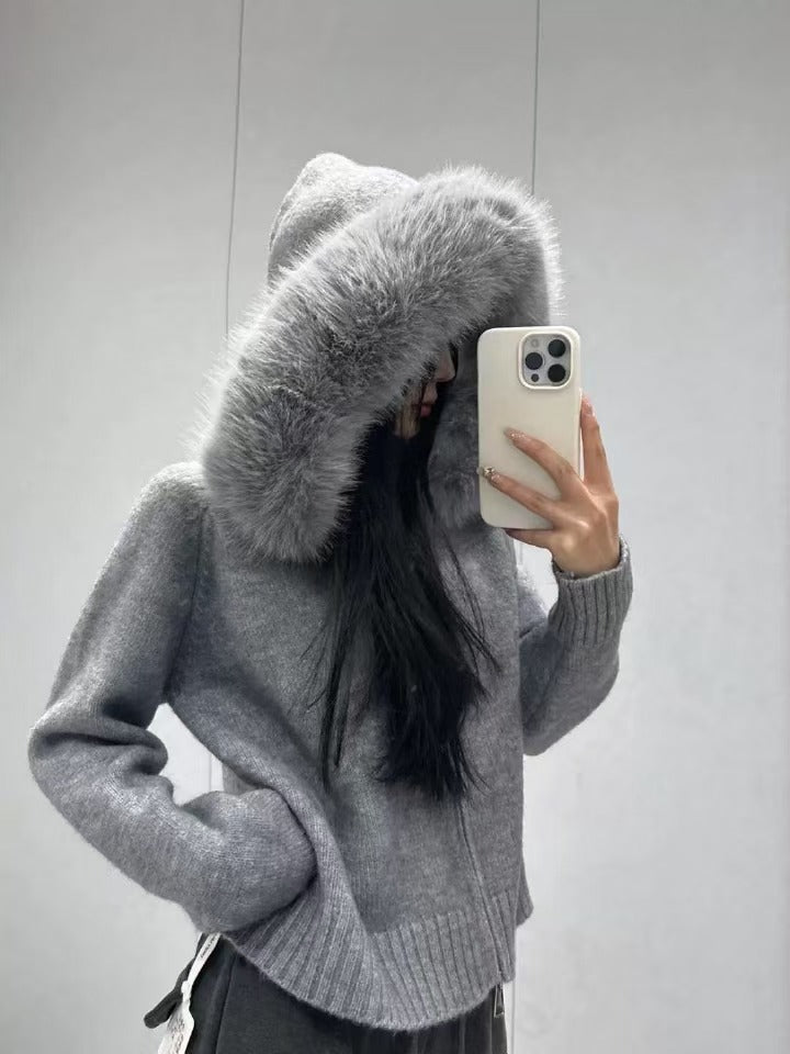 Cross-border Korean retro autumn and winter knitted cardigan women's loose casual versatile long-sleeved fur collar hooded sweater jacket women