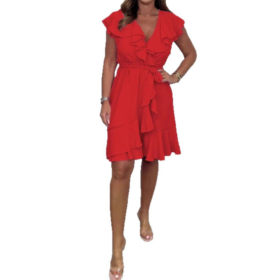 2025 European and American women's summer new V-neck waist skirt ruffled solid color dress female