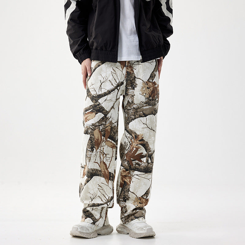 Leaf camouflage 3D printed flared casual pants men's loose sports outdoor camouflage wide-leg trousers American street style