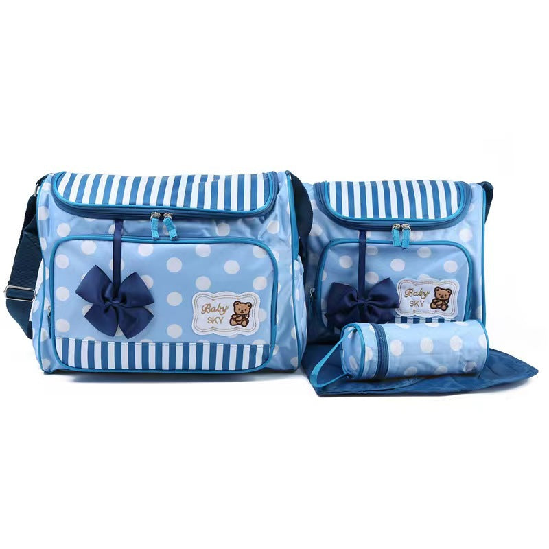 Cross-border printing large polka dot mommy bag four-piece set multifunctional large capacity butterfly festival one-shoulder bear mother and baby bag