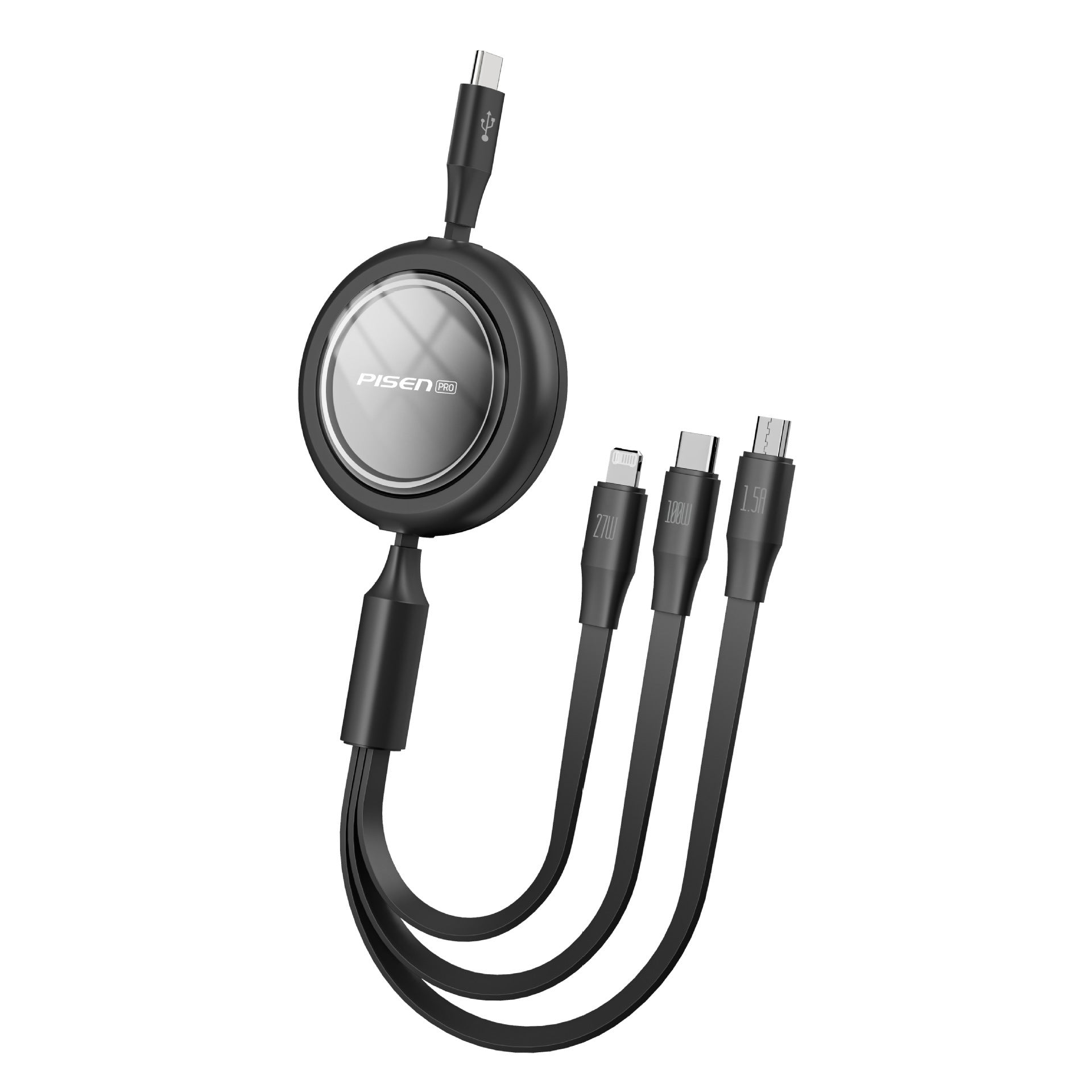 PISEN 3-in-1 100W fast charging data cable suitable for Apple Huawei car one-to-three charging cable retractable cable