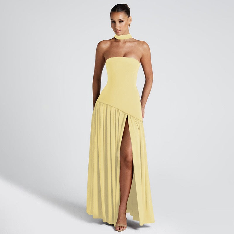 2025 new cross-border European and American sexy oblique stitching tube top dress dress women's long skirt pleated tube top