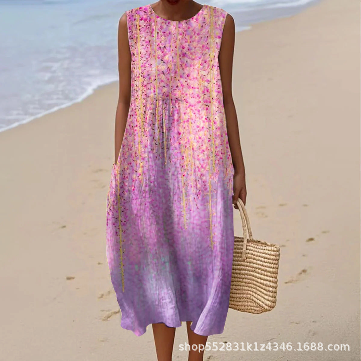 2025 European and American spring and summer new sleeveless casual printed temperament long dress slim small fresh casual dress