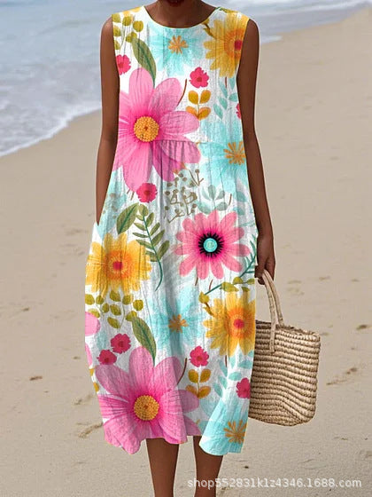 2025 European and American spring and summer new sleeveless casual printed temperament long dress slim small fresh casual dress