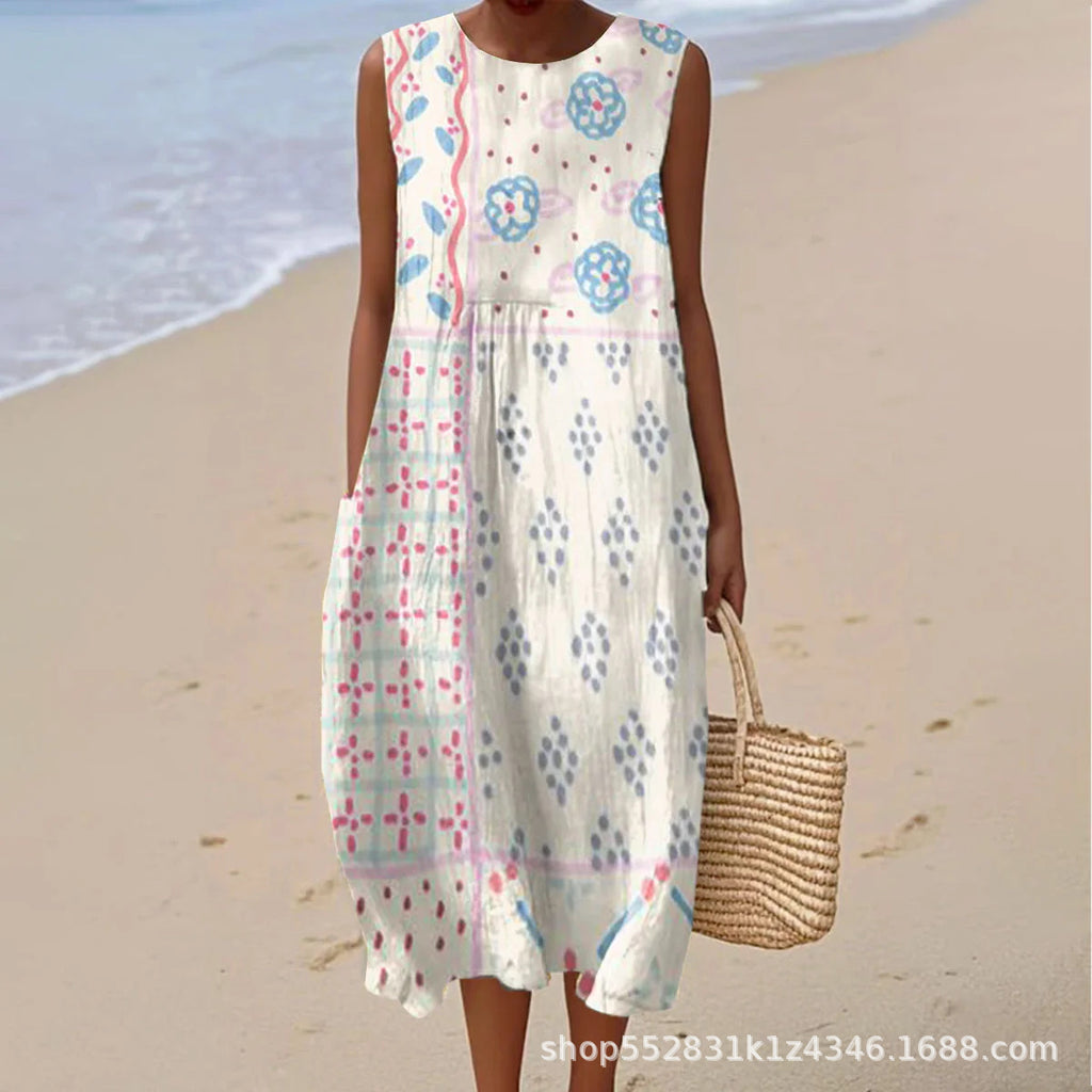 2025 European and American spring and summer new sleeveless casual printed temperament long dress slim small fresh casual dress