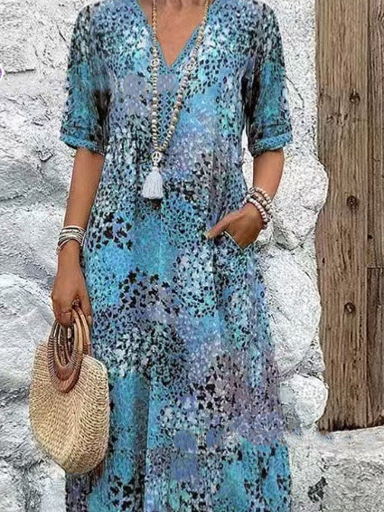 2025 European and American new printed summer V-neck casual vacation pocket dress home clothes foreign trade women
