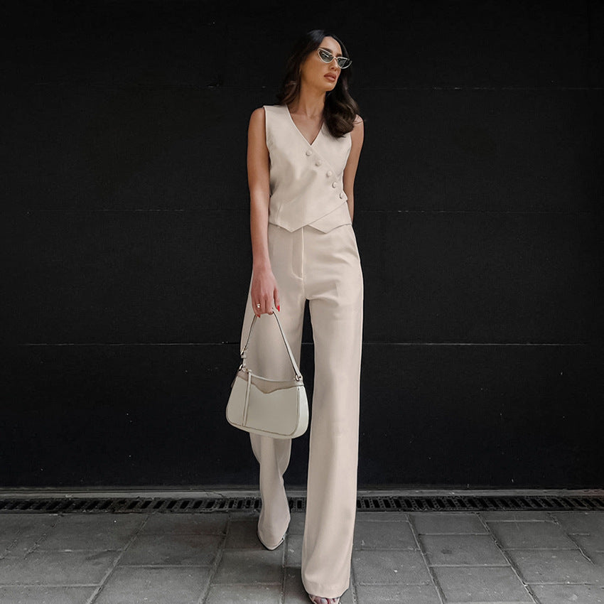 hot style casual high-end suit European and American foreign trade cotton khaki cardigan vest straight pants two-piece suit for women