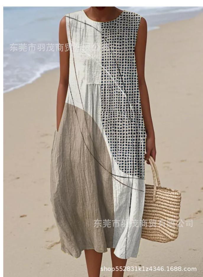 2025 European and American spring and summer new sleeveless casual printed temperament long skirt dress slim small fresh casual skirt
