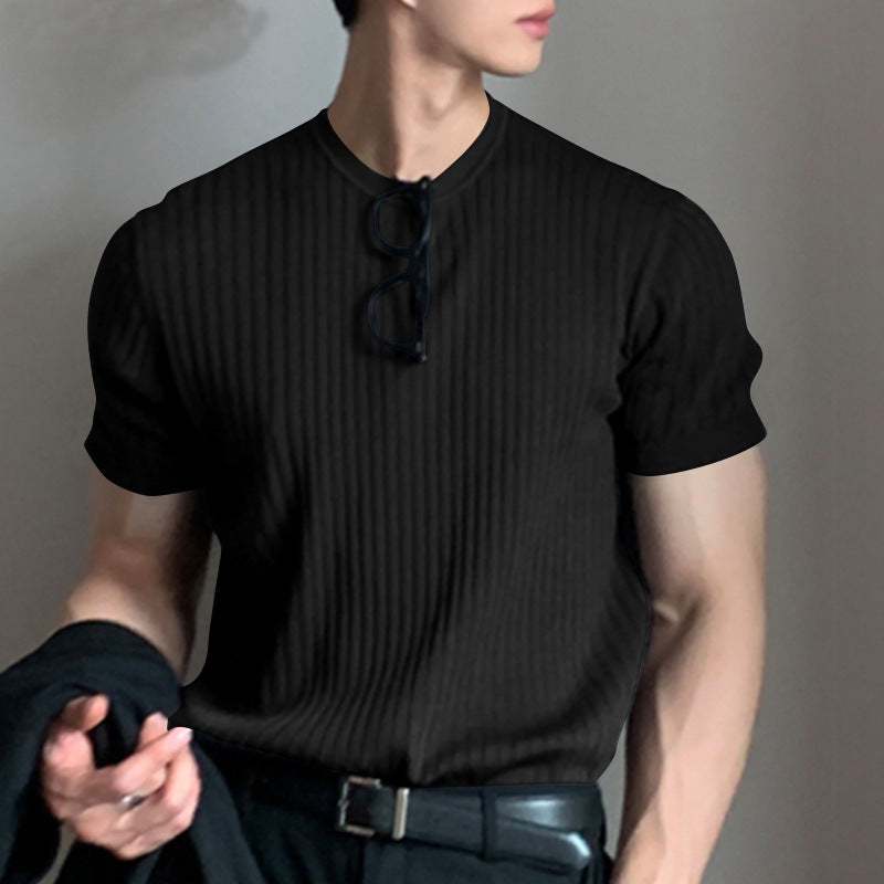 2025 new summer men's trendy thin short-sleeved European and American casual sweater elastic loose round neck T-shirt