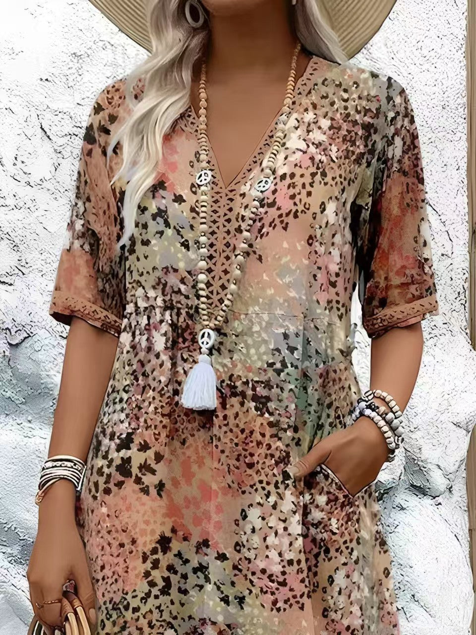 2025 European and American new printed summer V-neck casual vacation pocket dress home clothes foreign trade women