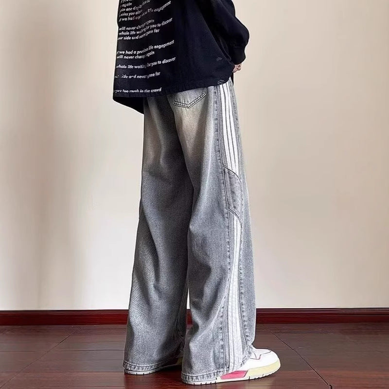 Men's spring and autumn new jeans men's Hong Kong trend brand loose casual wide-leg pants trendy men's pants men's clothing