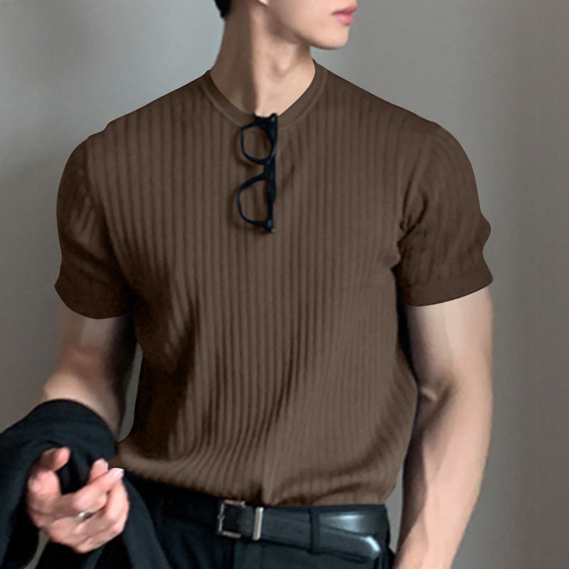 2025 new summer men's trendy thin short-sleeved European and American casual sweater elastic loose round neck T-shirt